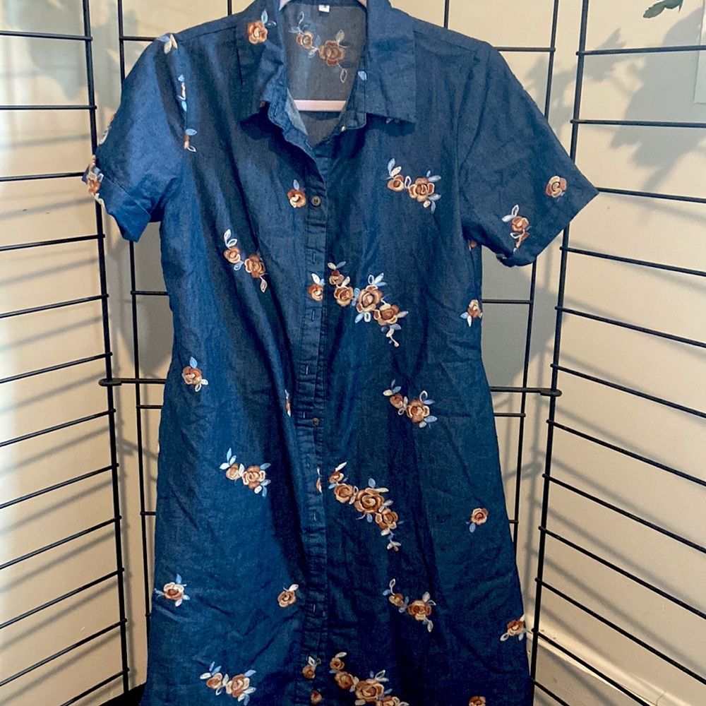 Denim Floral Embroidered Button Down Dress
